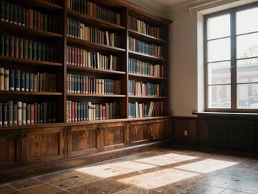 Interior of a sunlit library in a historic apartment, dark wood shelving, hydraulic tile floor detail under soft window light.