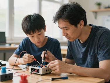 A medium shot of a mentor guiding a student soldering a wire onto a custom 3D-printed device, bright natural workshop light.