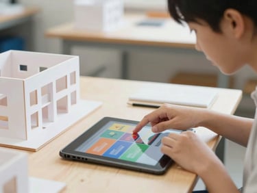 A student adjusting a colorful graphic display on a tablet next to a physical architectural model, shallow depth of field.