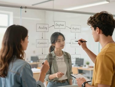 An active brainstorming session of three students drawing a flow chart on a large glass whiteboard, warm natural lighting.