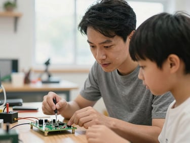 Close-up action shot of a mentor guiding a student in a warm workshop, looking at a physical electronic prototype, bright natural light, shallow depth of field.