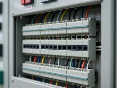 Close-up of industrial control panel wiring, neatly organized terminal blocks and communication modules, sharp technical details, 50mm