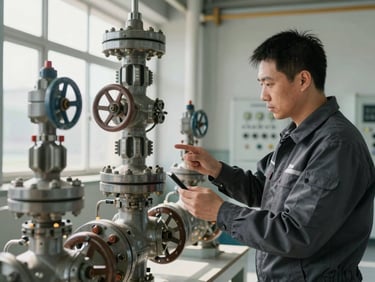 On-site engineer in dark steel-gray protective gear inspecting a high-pressure control valve manifold, natural industrial daylight, high contrast, 50mm