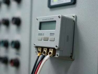 Macro detail shot of calibrated field transmitter with wiring terminals exposed, cool control room ambient light, desaturated steel tones, 50mm