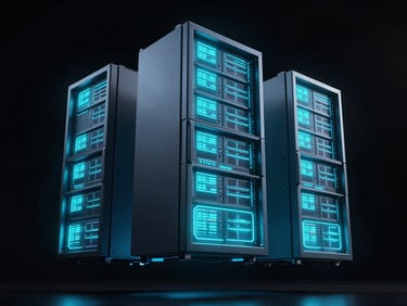 futuristic 3d render of glowing neon server racks floating in deep space, harsh directional key lights, electric cyan telemetry, cinematic