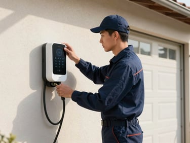 Medium shot of a clean-cut electrician in a neat navy uniform installing a modern smart home EV charger on a clean garage wall, warm California daylight.