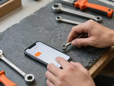 Close-up of hands organizing metal tools on a slate workbench next to a smartphone showing a simple financial chart with orange highlights