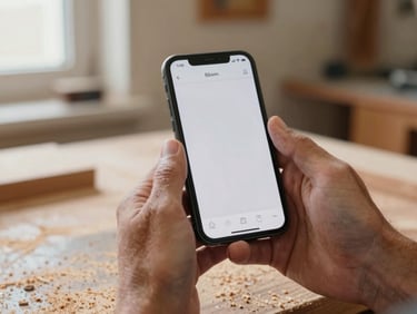 Close-up first-person perspective of strong, calloused hands holding a smartphone displaying a clean mobile app interface inside a woodworking workshop, sawdust on the workbench, soft natural window light, sharp focus on the screen.