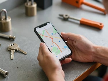 A locksmith's hands holding a smartphone with a map route on screen, keys and lock cylinders scattered on an industrial table