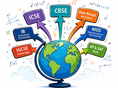 Cartoon-style globe with arrows pointing to international math education boards including CBSE, ICSE