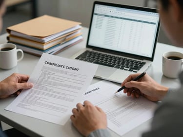 Close-up medium-wide shot of two professionals at a desk reviewing printed compliance documents and a laptop screen showing structured data dashboards, cool neutral office lighting from overhead, hands visible on papers and keyboard, organized desk surface with folders and a coffee mug, no faces clearly in frame, task-focused operational atmosphere