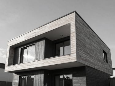 Architectural low-angle photograph of a newly completed modern home exterior with clean timber and charcoal siding, crisp morning daylight, high-contrast desaturated gray tones, sharp focus, 35mm lens.