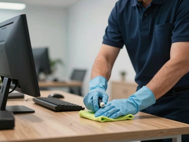 Un professionnel en uniforme nettoyant soigneusement un bureau moderne et lumineux, focus sur les mains gantées, ambiance sereine.