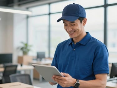 A professional mover smiling, holding a digital tablet and organizing logistics in a bright, modern office space with natural light.