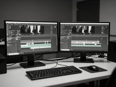Monochrome wide shot of an empty, organized editing suite — dual monitors showing a color timeline in progress, cables routed neatly, no crew present, overhead diffused light casting clean shadows on the desk surface