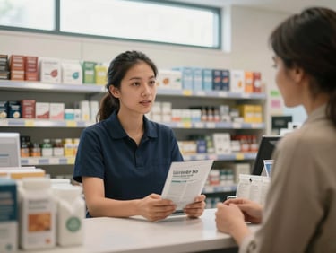 Medium shot of a staff member behind a clean retail counter in conversation with a customer, both looking at a clearly labeled product package on the counter, clean overhead window light, organized shelving visible in background, professional and approachable atmosphere