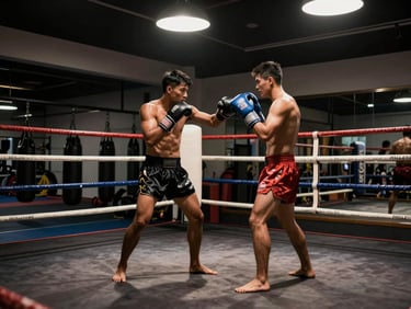 Close environmental shot inside a Muay Thai gym at night, a male coach holding Thai pads at chest height while a fighter's gloved fist connects, practical ring lights above creating hard contrast shadows on the canvas, wide enough to show ropes and gym walls in the background