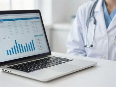 A close-up of a doctor's desk with a clean laptop showing structured marketing charts, soft natural lighting