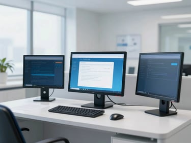 A modern medical office workspace with clean digital displays, daylight, professional 35mm framing