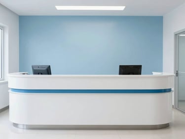 A clean, state-of-the-art medical clinic reception area, bright daylight, professional environment
