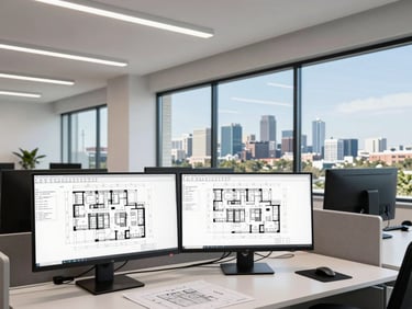 Clean modern office interior with large monitors displaying site plans, blueprints on a desk, and a view of the San Antonio skyline, crisp indoor lighting, professional architectural style.