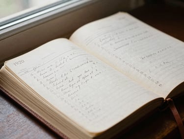 Close-up of weathered leather-bound ledger books and handwritten meeting minutes from 1920, soft natural light from a side window, rich historical texture