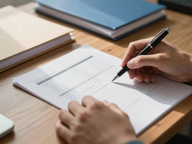 Close environmental shot of hands reviewing a printed financial report on a wooden desk, a pen resting on the page, natural window light falling across the document from the left, organized folders visible in the soft background — no faces visible, focus on the document and hands