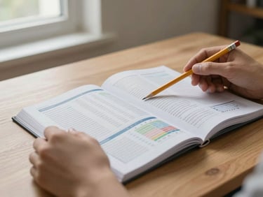 Close-up environmental shot, soft daylight from a window left of frame, hands turning pages of a printed monthly financial report on a clean wooden desk, a pencil resting across the top of the page, warm neutral background, no people visible beyond the wrists
