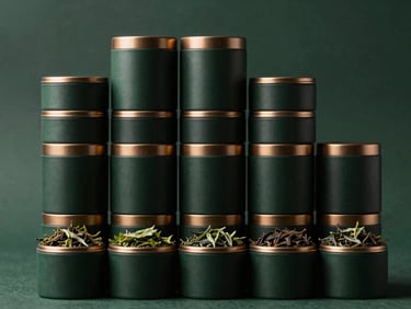 Structured, elegant arrangement of premium tea leaves and agricultural exports in dark minimalist containers, deep forest green background, metallic bronze accents