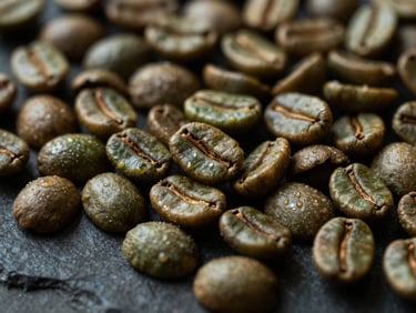 Close-up of raw green coffee beans on a dark stone surface, rich shadows, soft directional side-light, metallic glints, dark moody editorial photography