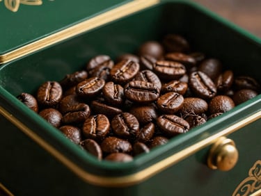 Close-up of a traditional Vietnamese lacquer gift box, deep forest green with gold accents, filled with premium tea leaves and roasted coffee beans, soft directional side-light, macro detail.