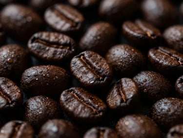 Close-up of freshly roasted coffee beans, dark brown, rich texture, dramatic low-key lighting, soft directional side-light, metallic glints, dark moody editorial photography