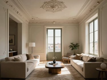 Elegant apartment in Lapa Lisbon, high ceilings with decorative plaster, modern furniture, warm sunbeams streaming through windows