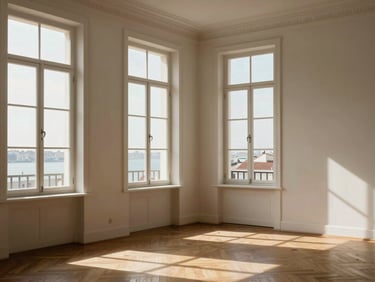 Sun-drenched classic Lisbon apartment interior, tall windows, wooden floors, minimalist design, warm afternoon light