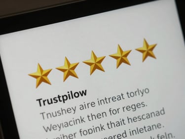 Close-up of a Trustpilot review card on screen showing five gold stars and a short review text, screen-lit neutral background, crisp and legible