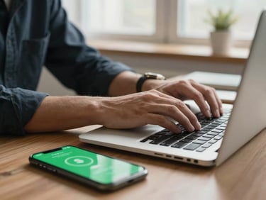 Medium shot of hands resting on a closed laptop on a desk, a phone beside it showing a green earnings notification on screen, daylight-neutral home office background, no posed expression