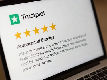 Close-up of a Trustpilot review card on a laptop screen showing five gold stars and a verified reviewer comment about automated earnings, bright neutral screen light, sharp focus on star rating