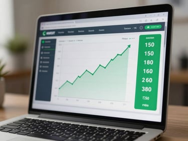 Close-up of a laptop screen showing an earnings dashboard with green positive numbers and a line chart trending upward, screen-lit in a neutral home office, no decorative elements