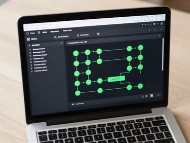 Close-up overhead flatlay of a laptop screen showing an AI workflow dashboard interface with green status indicators and automation nodes, neutral desk surface, bright screen-lit environment