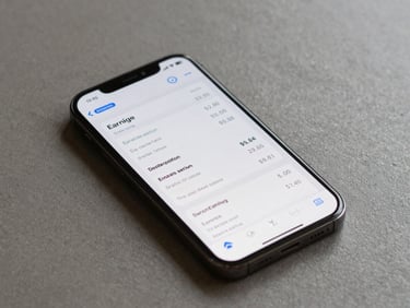 Overhead flatlay of a phone screen showing an earnings dashboard with dollar figures visible, neutral desk surface, daylight-neutral lighting, no person