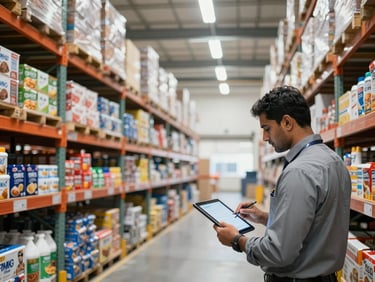Wide environmental shot of a brightly lit, modern C&F warehouse in India, with organized racks of FMCG goods and a professional supervisor reviewing logistics on a tablet in the foreground, natural light.
