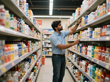 A clean, organized modern trade retail aisle in India, professional field representative placing FMCG products on the shelf, bright industrial lighting.