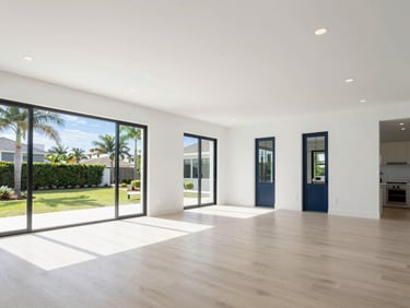 Bright modern home interior with a subtle virtual tour interface overlay, clean natural lighting