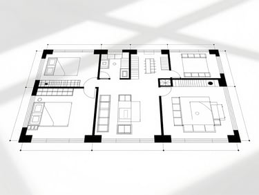 Clean minimalist black and white architectural floor plan layout on a white surface with subtle shadows