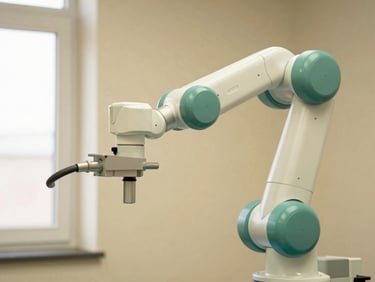 Close-up of a modern robotic surgical arm in soft focus, warm interior lighting, muted emerald and cream tones
