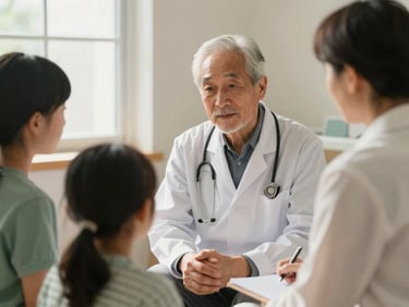 A senior doctor discussing a cardiac recovery plan with a family in a sunlit room, soft natural window light