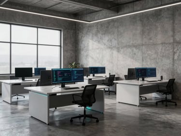 Wide panoramic view of a minimalist industrial-tech workspace in Denver, raw concrete walls, clean geometric desks with high-resolution screens displaying code architecture diagrams, sharp cyan accent lighting, daylight mixing with cool interior tones.