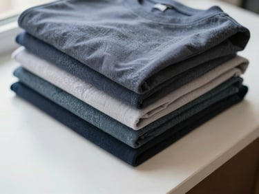Overhead close-up of neatly folded garments stacked on a clean white surface under bright natural window light, fabric textures visible, no branding