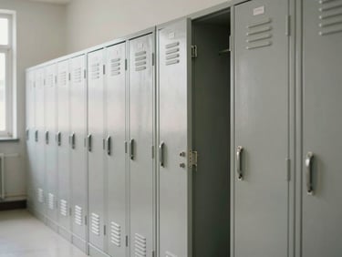 Wide shot of a row of closed metal locker doors in a bright corridor, natural daylight from a nearby window, one door slightly ajar, clean institutional setting