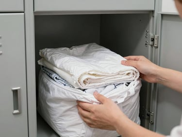 Close-up of hands placing a neatly folded laundry bag back into an open locker, locker interior lit by ambient daylight from outside, grey locker door edge visible